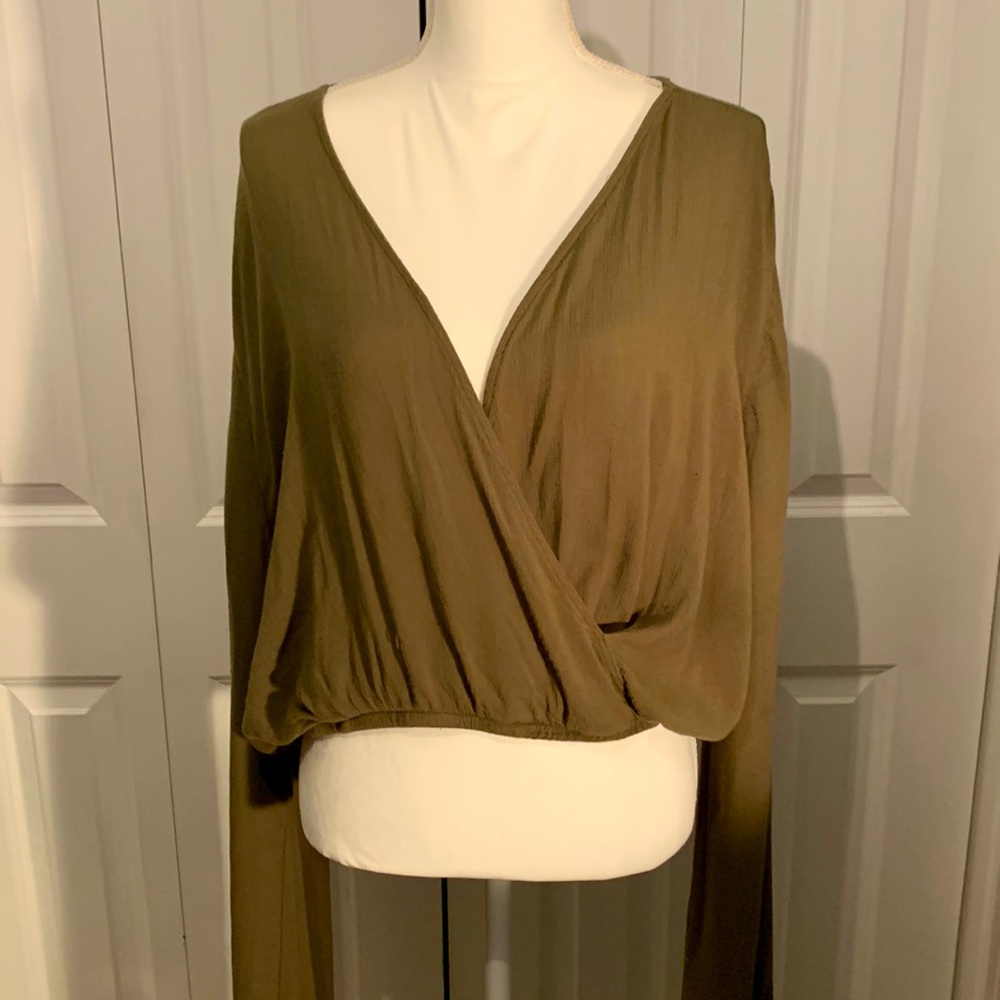 Beautiful olive green cropped blouse with pretty eye lit lace on bell sleeves